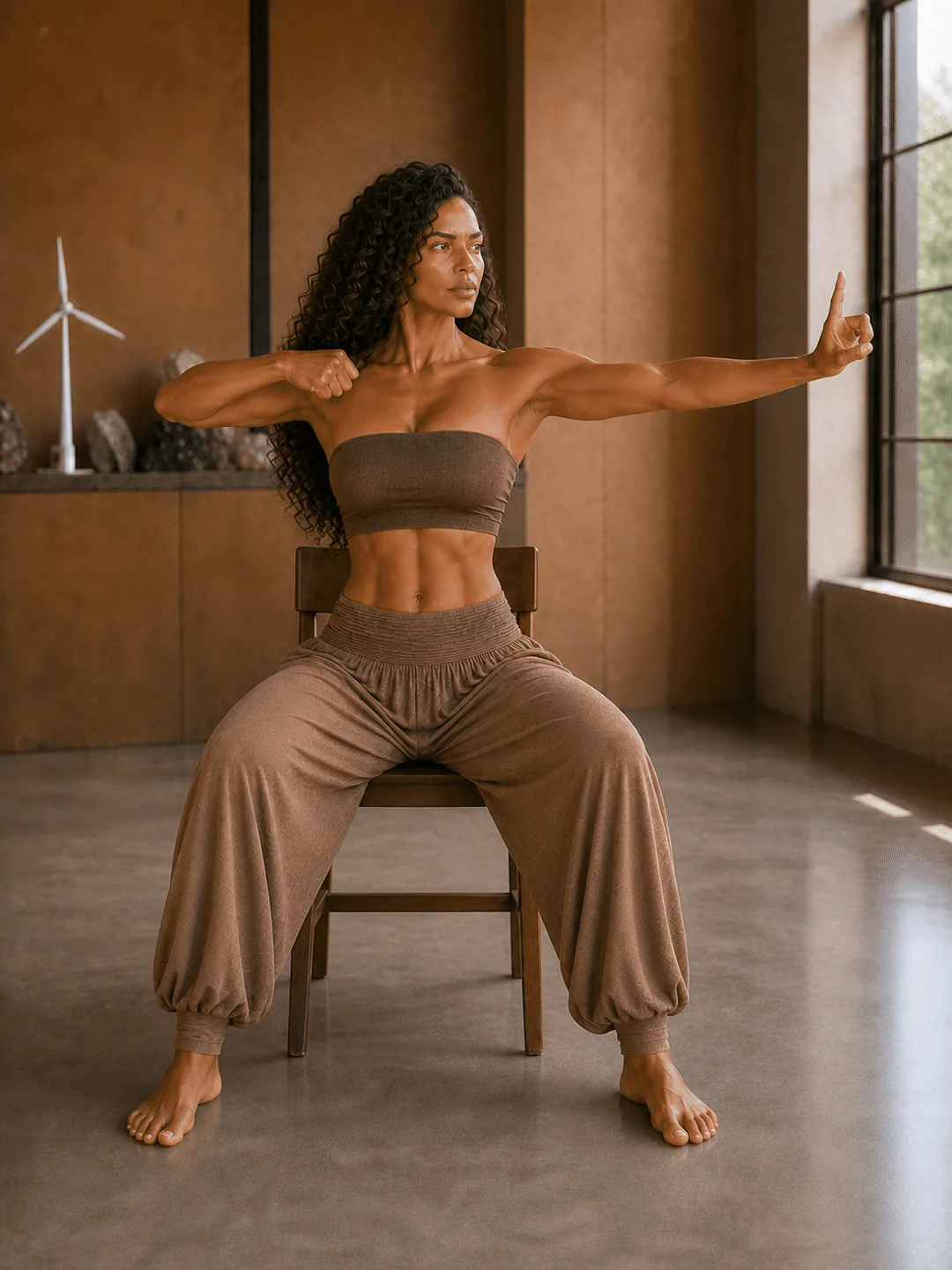 seated-chair variation of Drawing the Bow to Shoot the Hawk
