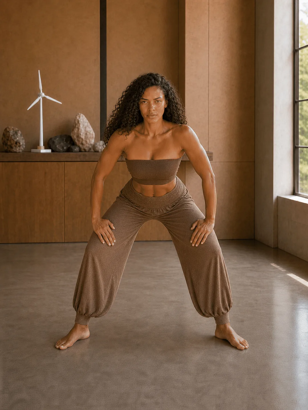 Step 2: Keeping the weight even, lean the trunk forward slightly so the thighs and hands